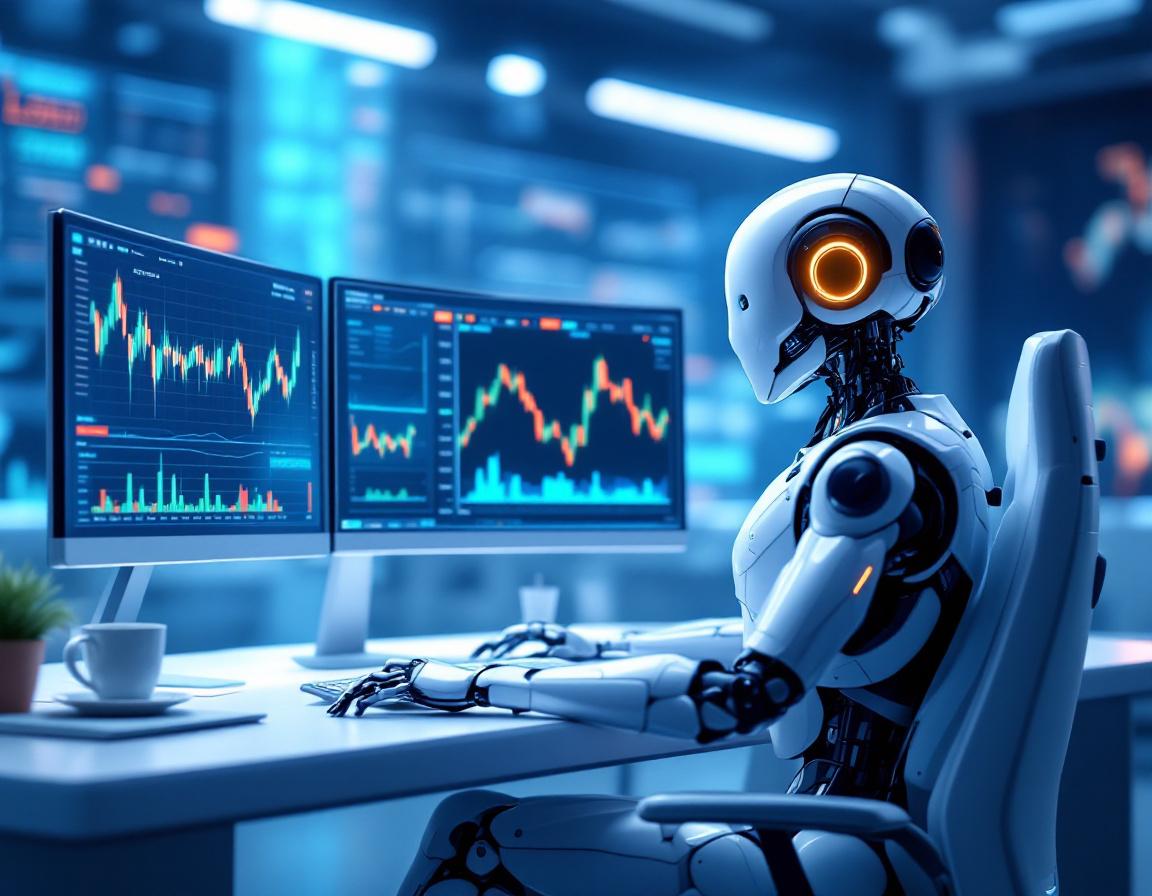 A humanoid AI trading bot analyzes market data at a high-tech workstation with multiple screens.