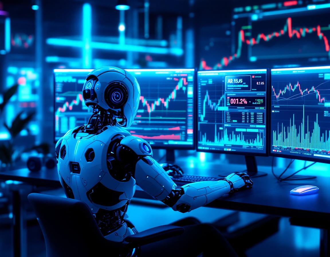A hyper-realistic AI trading bot in a futuristic setting, analyzing market data on multiple screens.