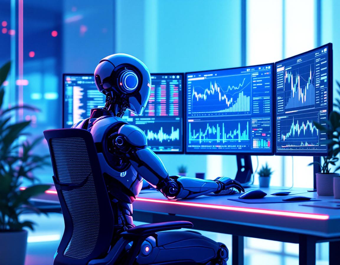 A humanoid AI trading bot analyzes market data at a futuristic workstation with glowing screens.