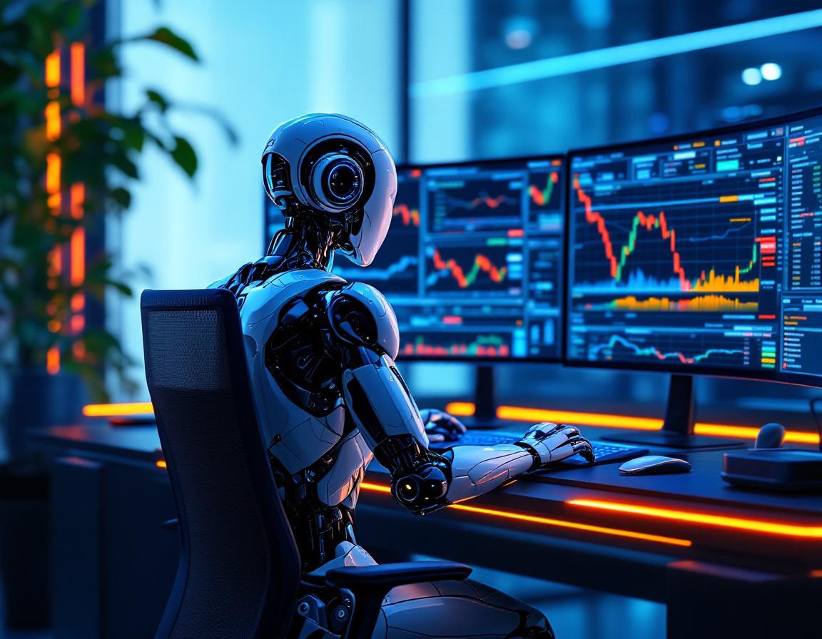 A humanoid AI trading bot analyzes market data at a high-tech workstation with glowing screens.