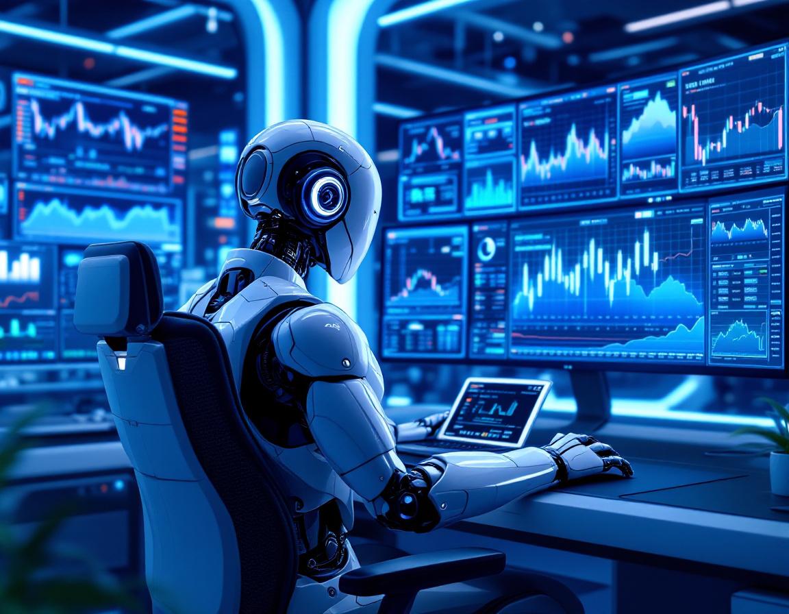 A hyper-realistic AI trading bot in a futuristic setting, analyzing data on multiple market screens.
