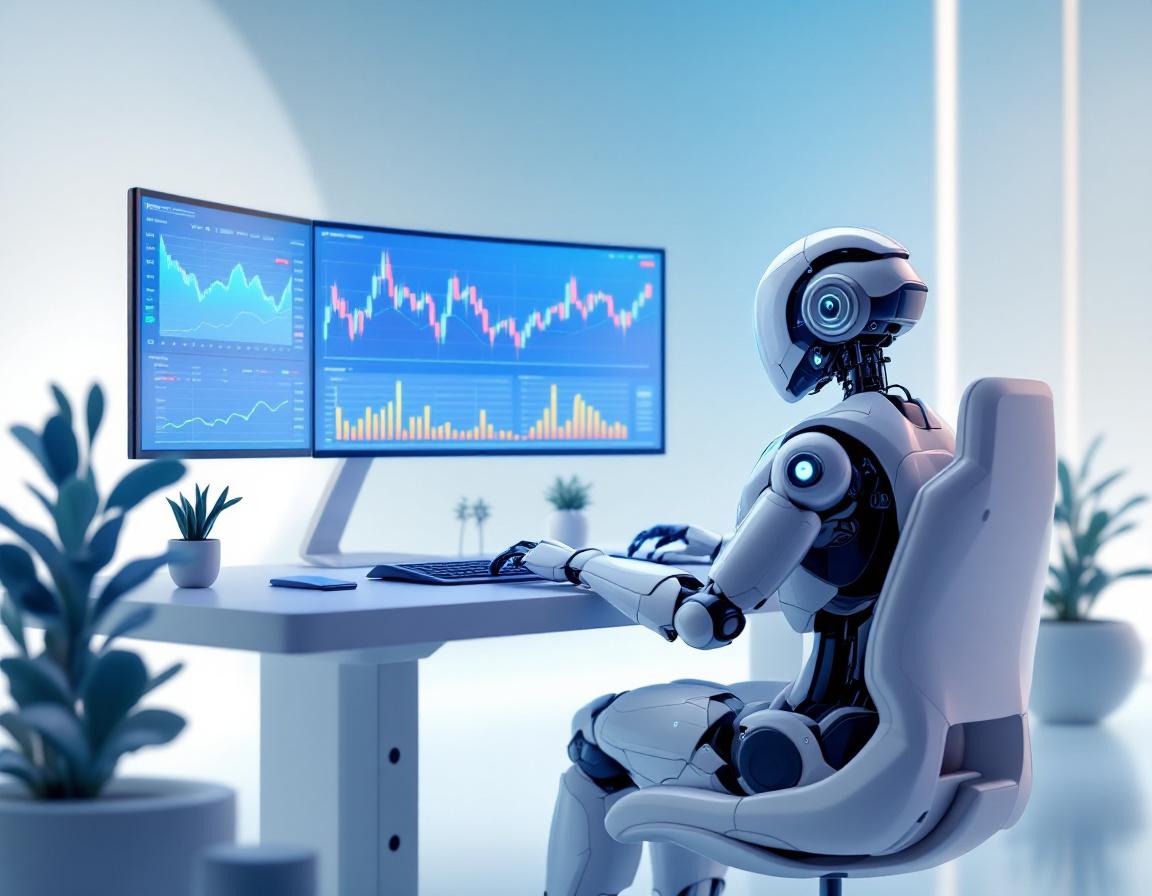 A humanoid AI trading bot analyzes market data at a high-tech workstation surrounded by screens.