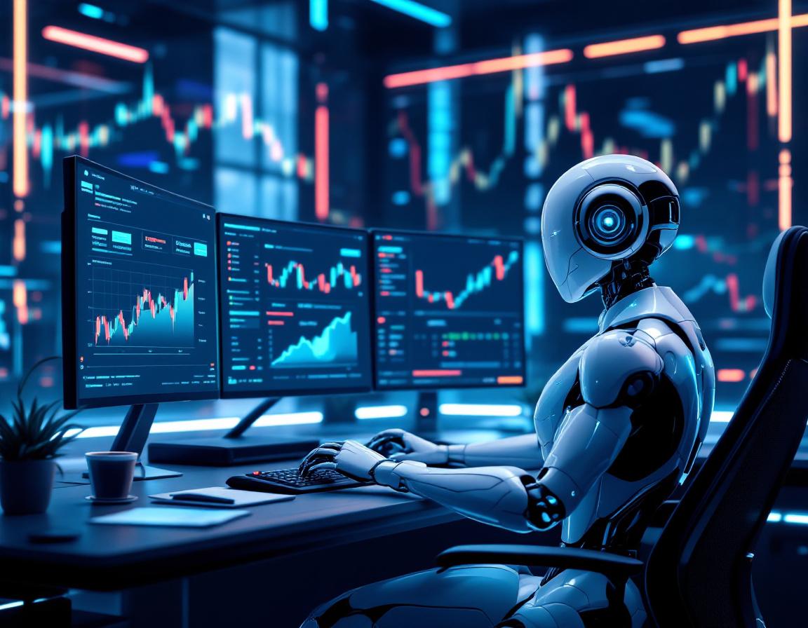 A sleek AI trading bot analyzes market data at a high-tech workstation in a futuristic setting.