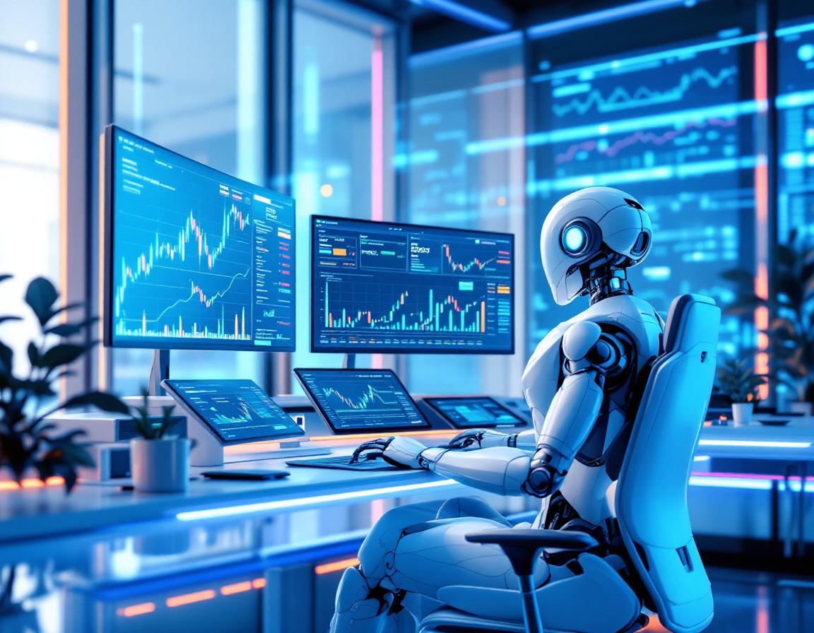 A hyper-realistic AI trading bot analyzes market data on multiple screens in a futuristic setting.