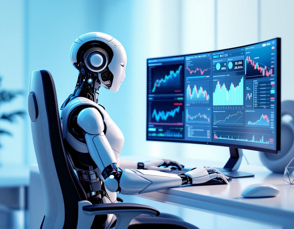 A humanoid AI trading bot analyzes market data on screens, set in a sleek, futuristic workstation.