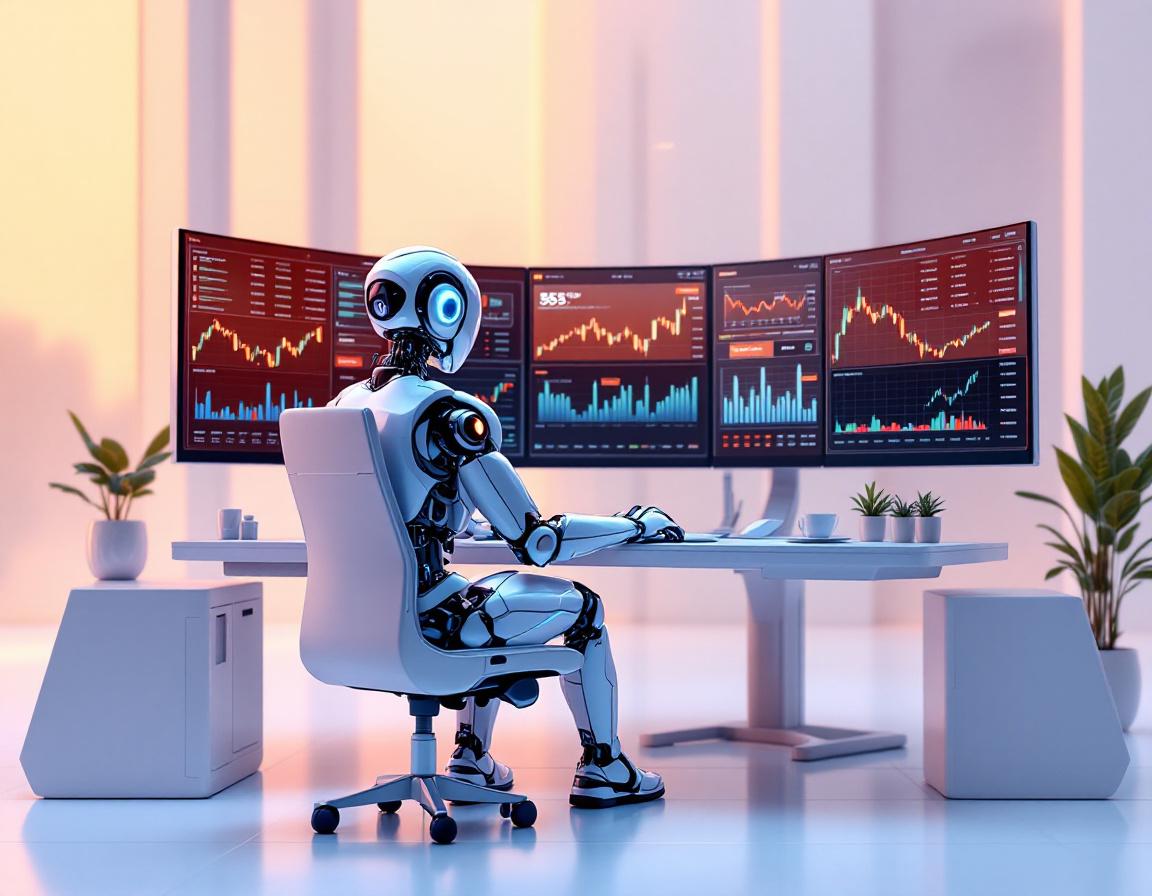 A hyper-realistic AI trading bot at a high-tech workstation, analyzing data across multiple screens.