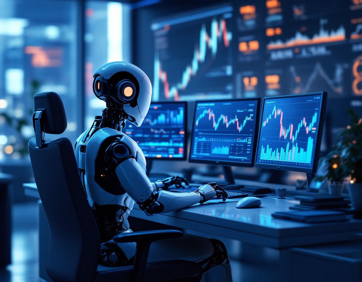 A humanoid AI trading bot in a high-tech environment analyzing market data on multiple screens.