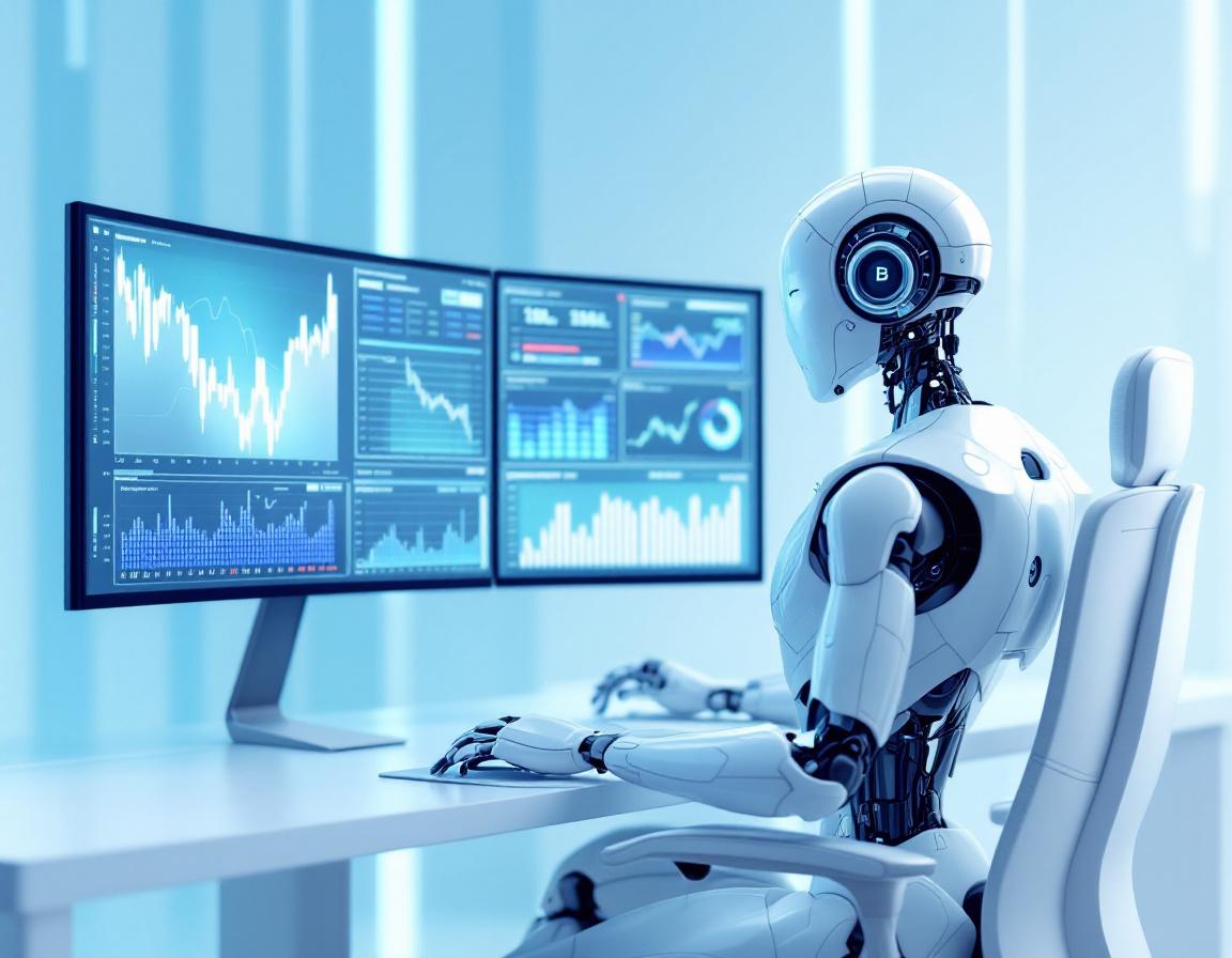 A humanoid AI trading bot at a high-tech workstation analyzing market data on multiple screens.