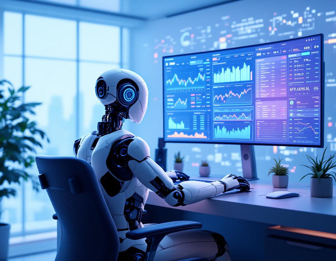 A humanoid AI trading bot at a high-tech workstation analyzing market data on multiple screens.