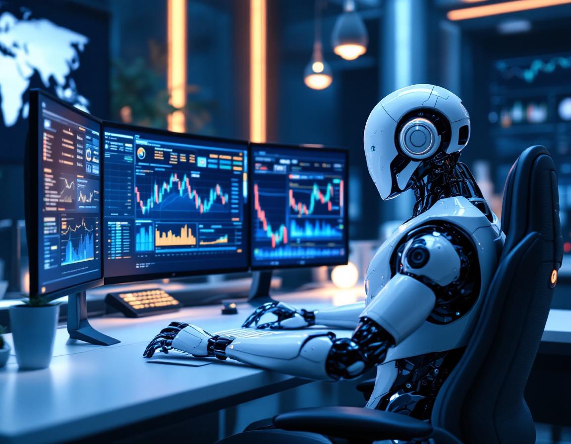 A humanoid AI trading bot at a high-tech workstation analyzing market data on multiple screens.