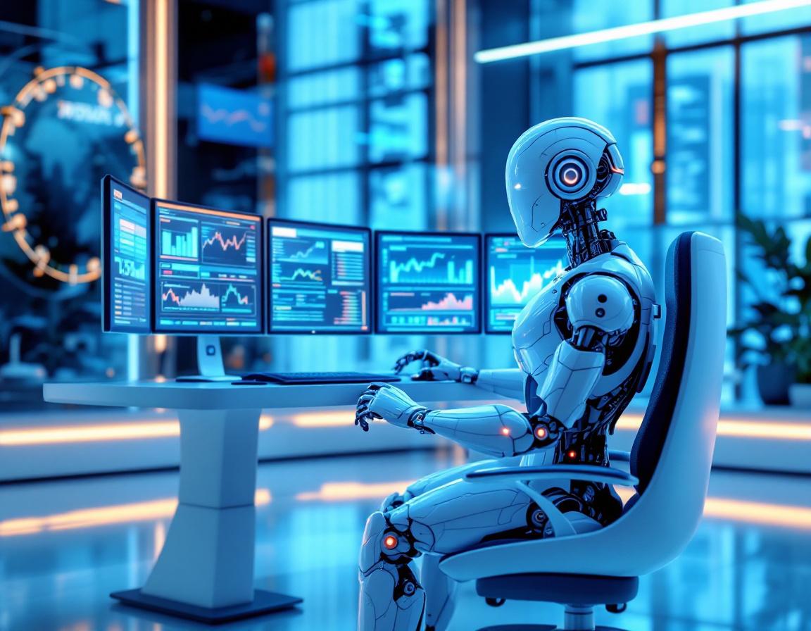 A futuristic AI trading bot analyzes market data at a high-tech workstation with glowing screens.