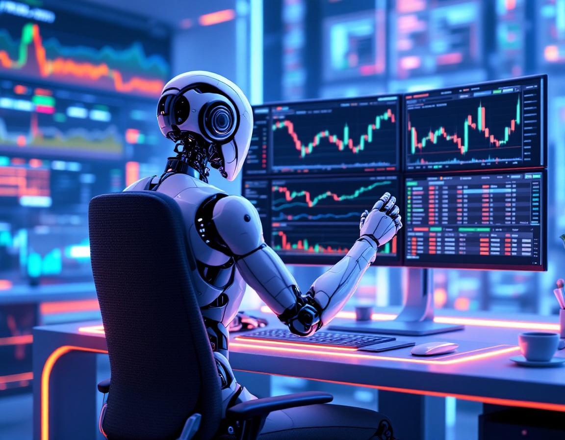 A hyper-realistic AI trading bot analyzes market data on multiple screens in a futuristic setting.