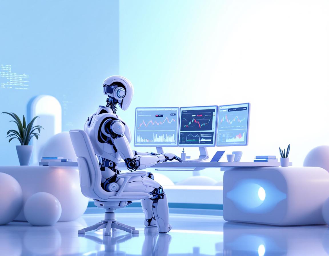 A hyper-realistic AI trading bot at a workstation, analyzing market data on multiple screens.