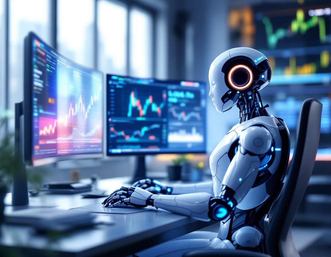 A humanoid AI trading bot at a high-tech workstation analyzes market data with multiple screens.