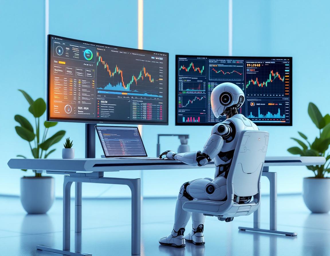 A sleek humanoid AI trading bot at a high-tech workstation analyzes stock and crypto market data.