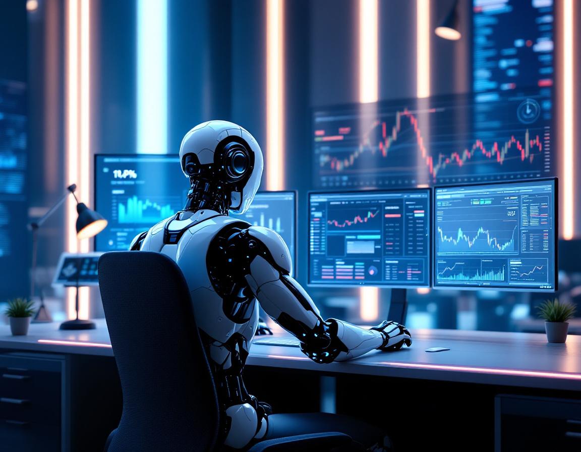 A humanoid AI trading bot at a high-tech workstation analyzing market data across multiple screens.