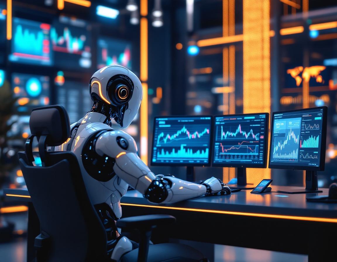 A humanoid AI trading bot analyzes market data at a high-tech workstation with multiple screens.