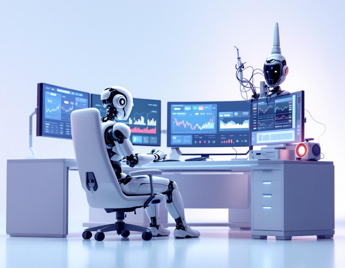A humanoid AI trading bot at a high-tech workstation analyzes crypto charts on multiple screens.