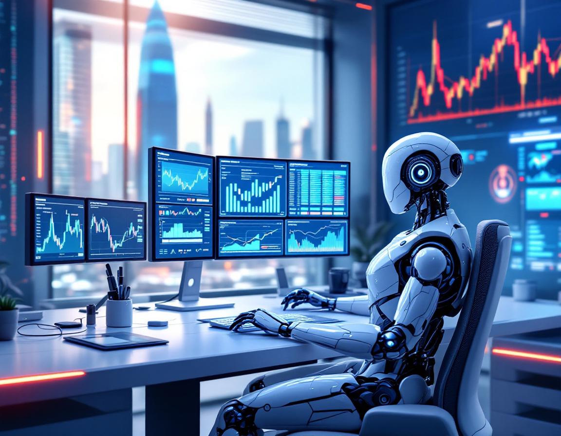 A humanoid AI trading bot analyzes market data at a futuristic workstation with multiple screens.
