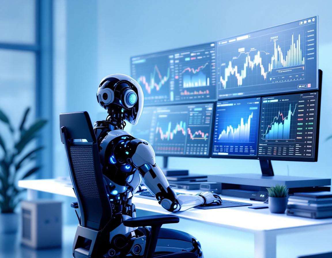 A humanoid AI trading bot at a workstation analyzing market data on multiple high-tech screens.