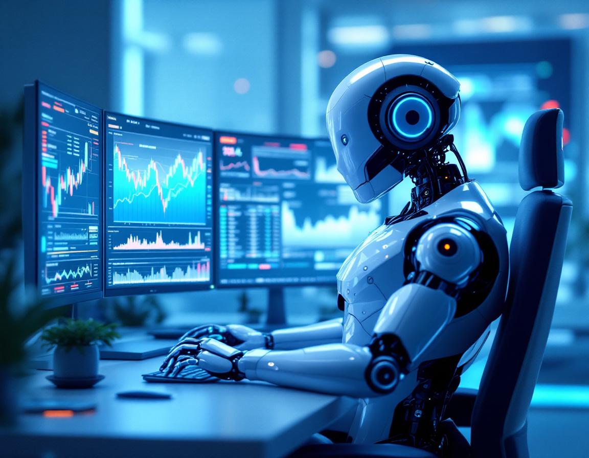 A humanoid AI trading bot at a workstation analyzing market data, surrounded by screens with charts.
