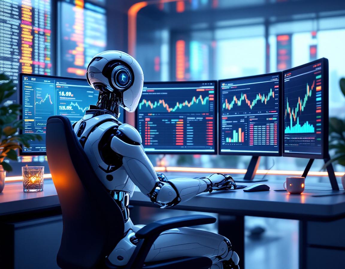 A hyper-realistic, humanoid AI trading bot at a workstation analyzing data across multiple screens.