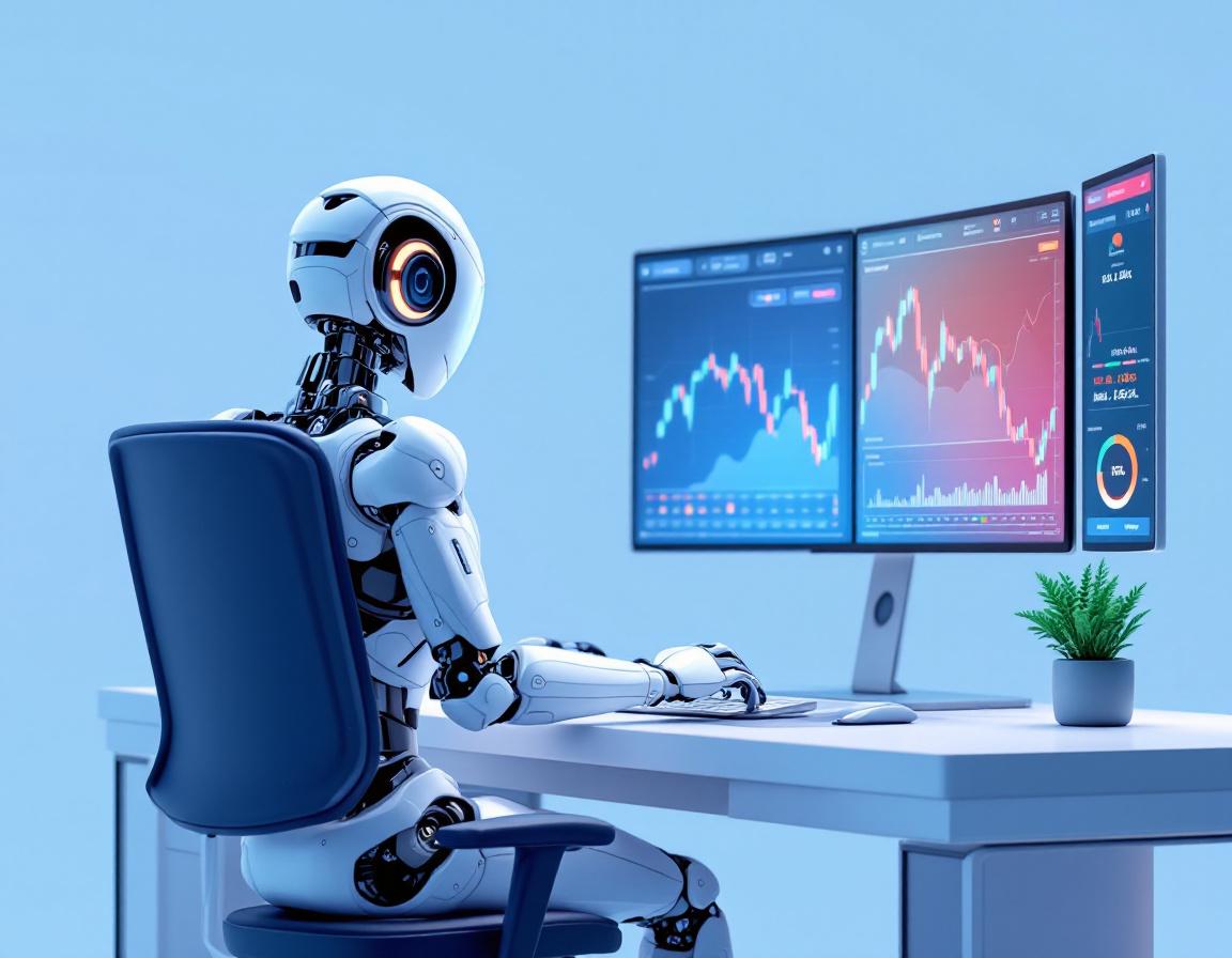 A humanoid AI trading bot sits at a high-tech workstation analyzing market data on multiple screens.