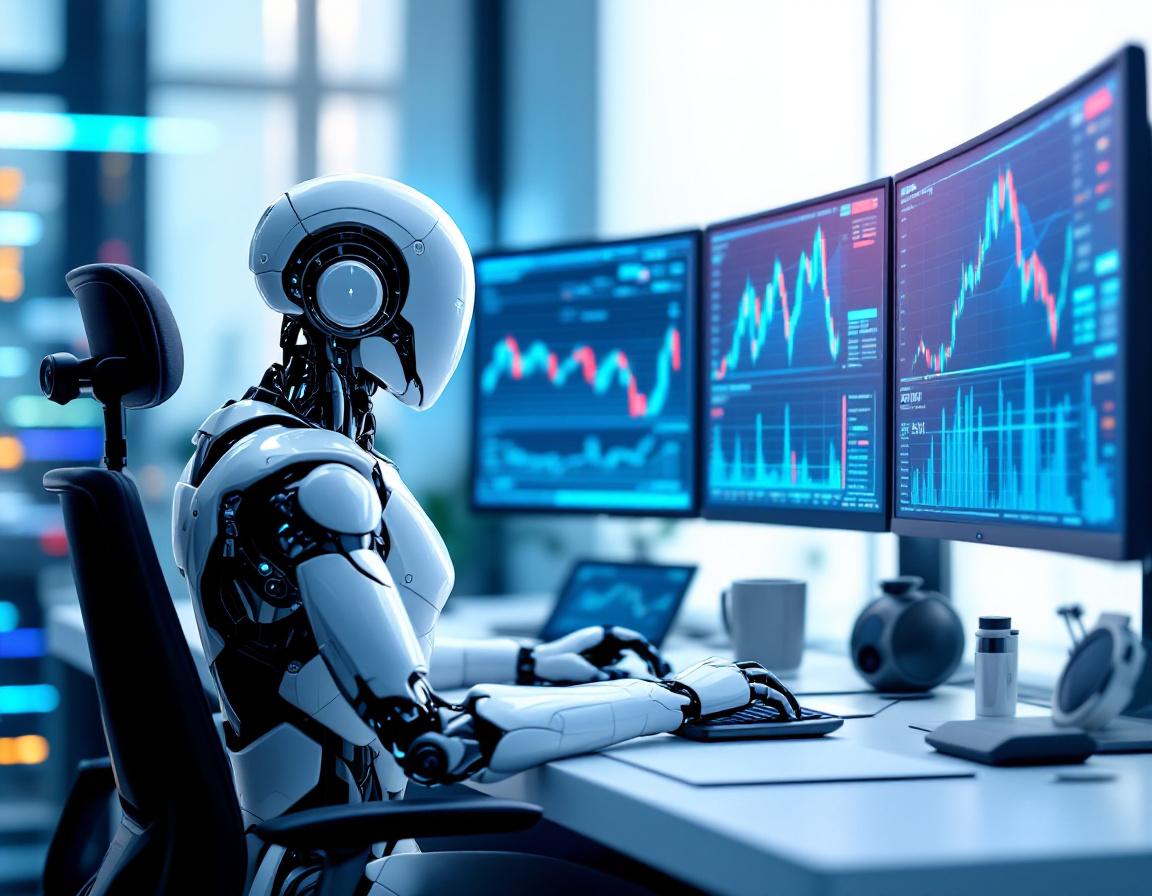 Hyper-realistic AI trading bot at a sleek workstation analyzing market data across multiple screens.