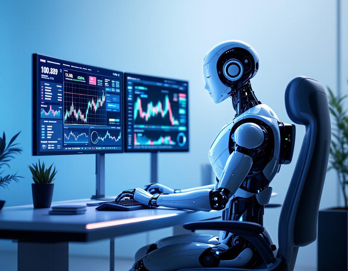 Futuristic AI trading bot at a high-tech workstation, analyzing market data with multiple screens.