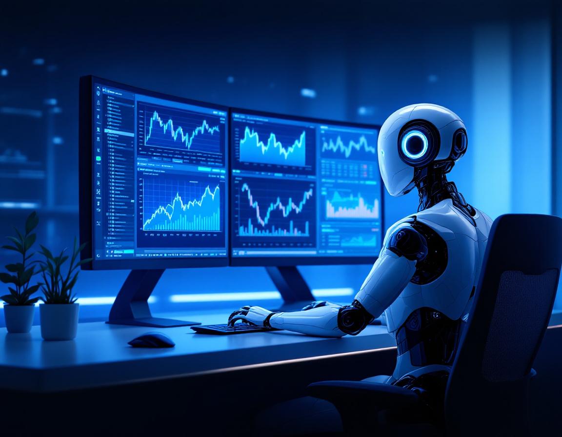 Hyper-realistic humanoid AI trading bot at a sleek workstation, analyzing data on multiple screens.