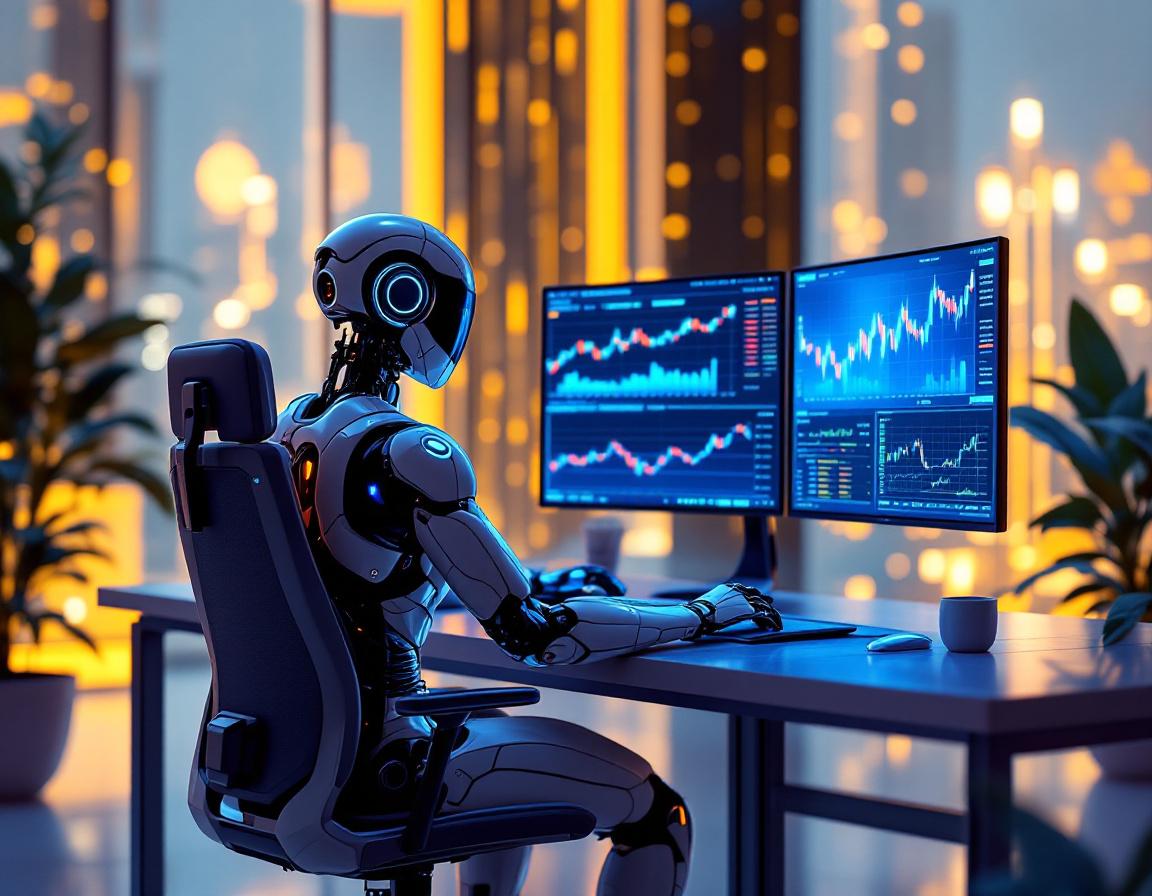 A humanoid AI trading bot at a high-tech workstation, analyzing market data across multiple screens.