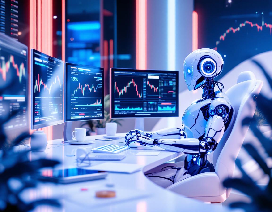 A hyper-realistic AI trading bot at a workstation analyzing market data across multiple screens.