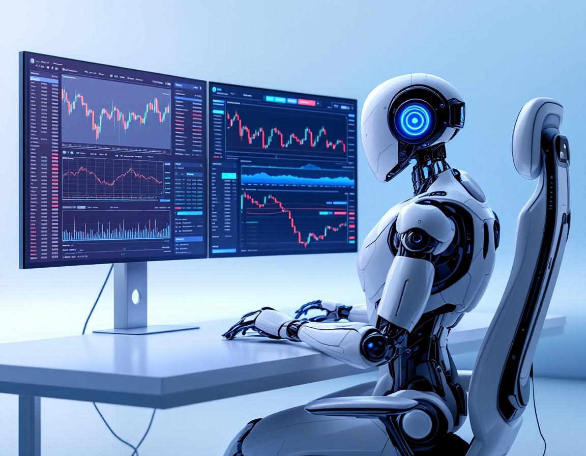 A sleek, humanoid AI trading bot at a high-tech workstation analyzing stock and crypto market data.