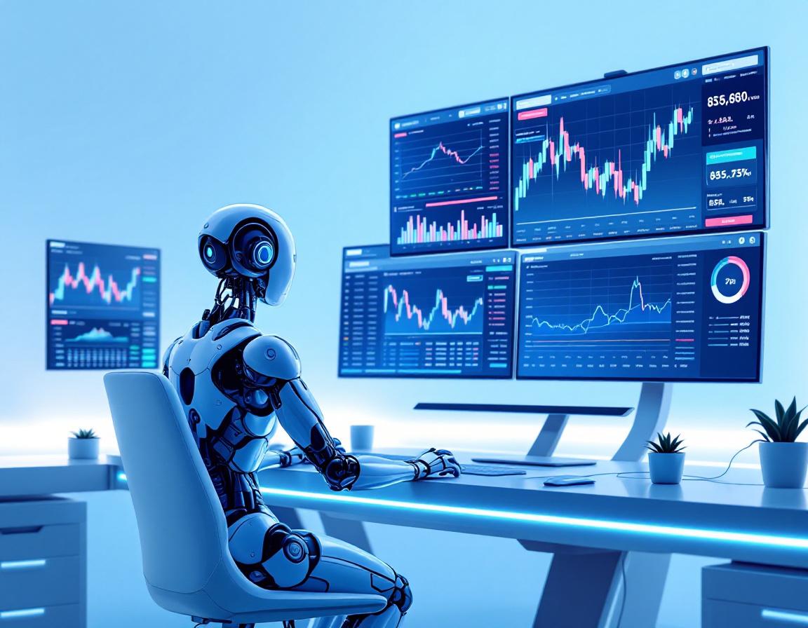 A humanoid AI trading bot at a high-tech workstation analyzes market data across multiple screens.
