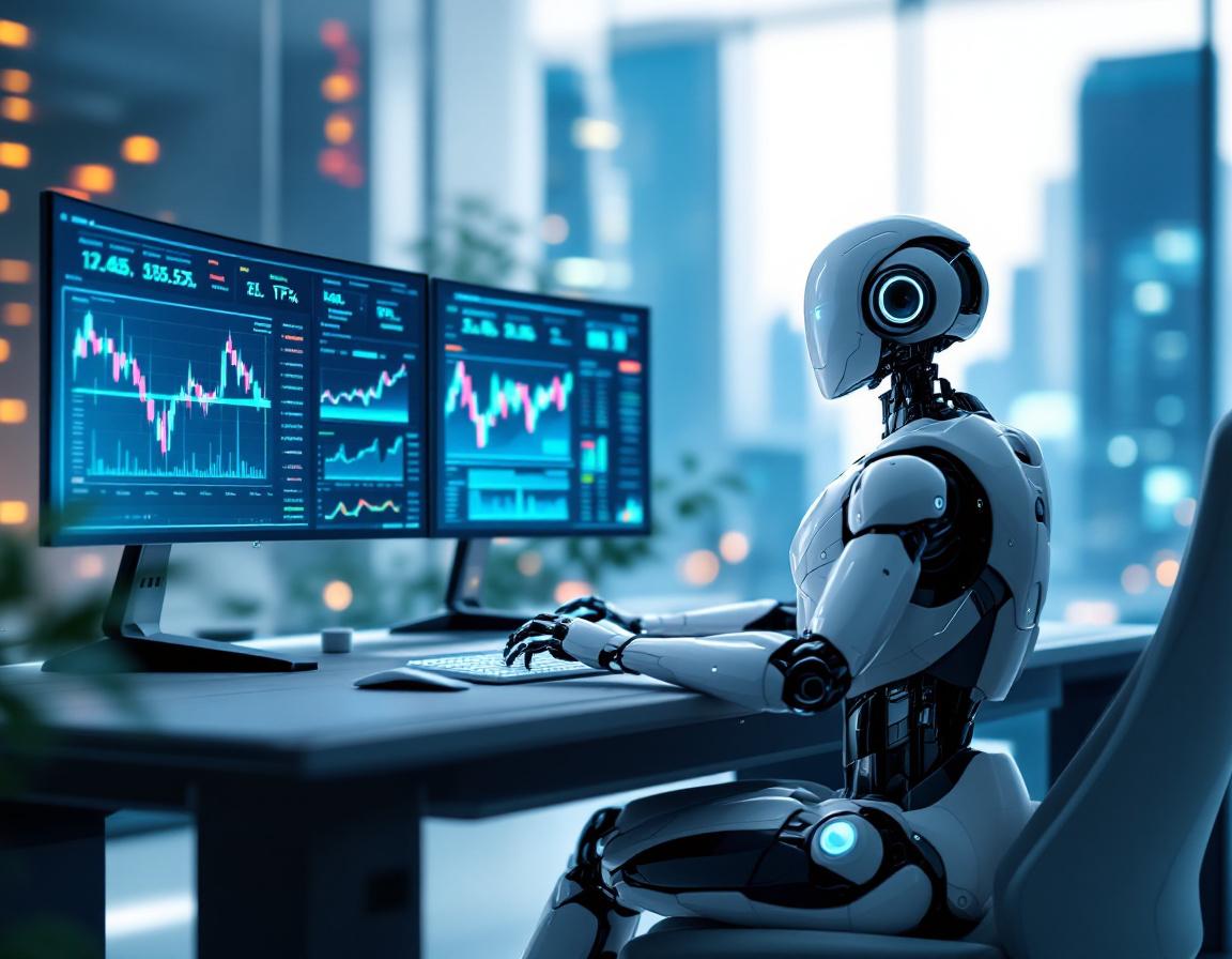 A humanoid AI trading bot at a high-tech workstation analyzing market data on multiple screens.