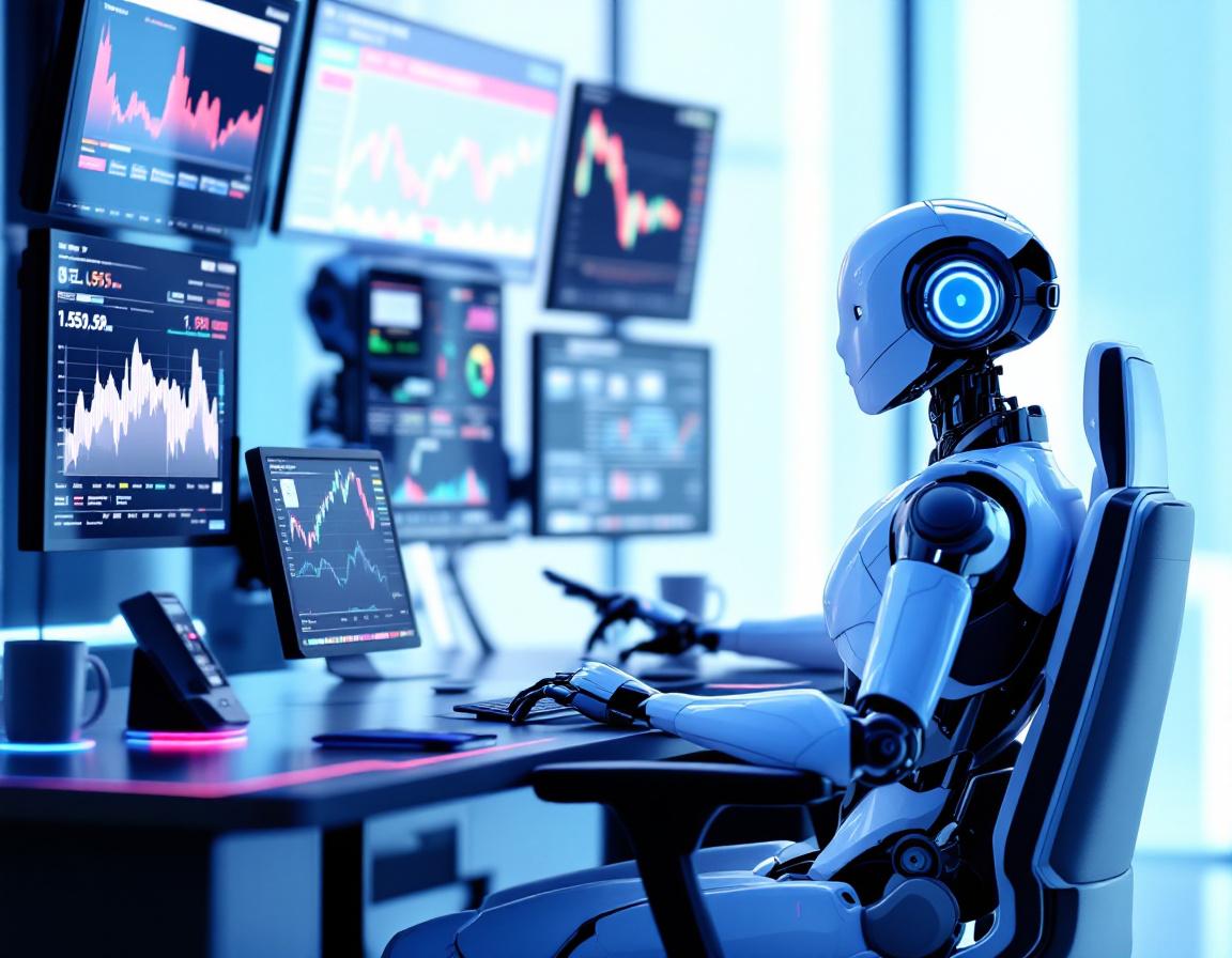 A hyper-realistic AI trading bot analyzes market data on multiple screens in a futuristic setting.