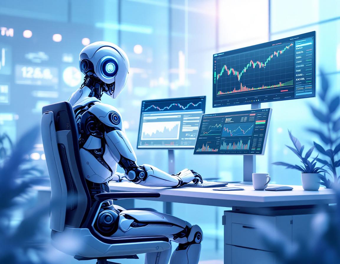 A hyper-realistic AI trading bot at a high-tech workstation, analyzing crypto and stock market data.