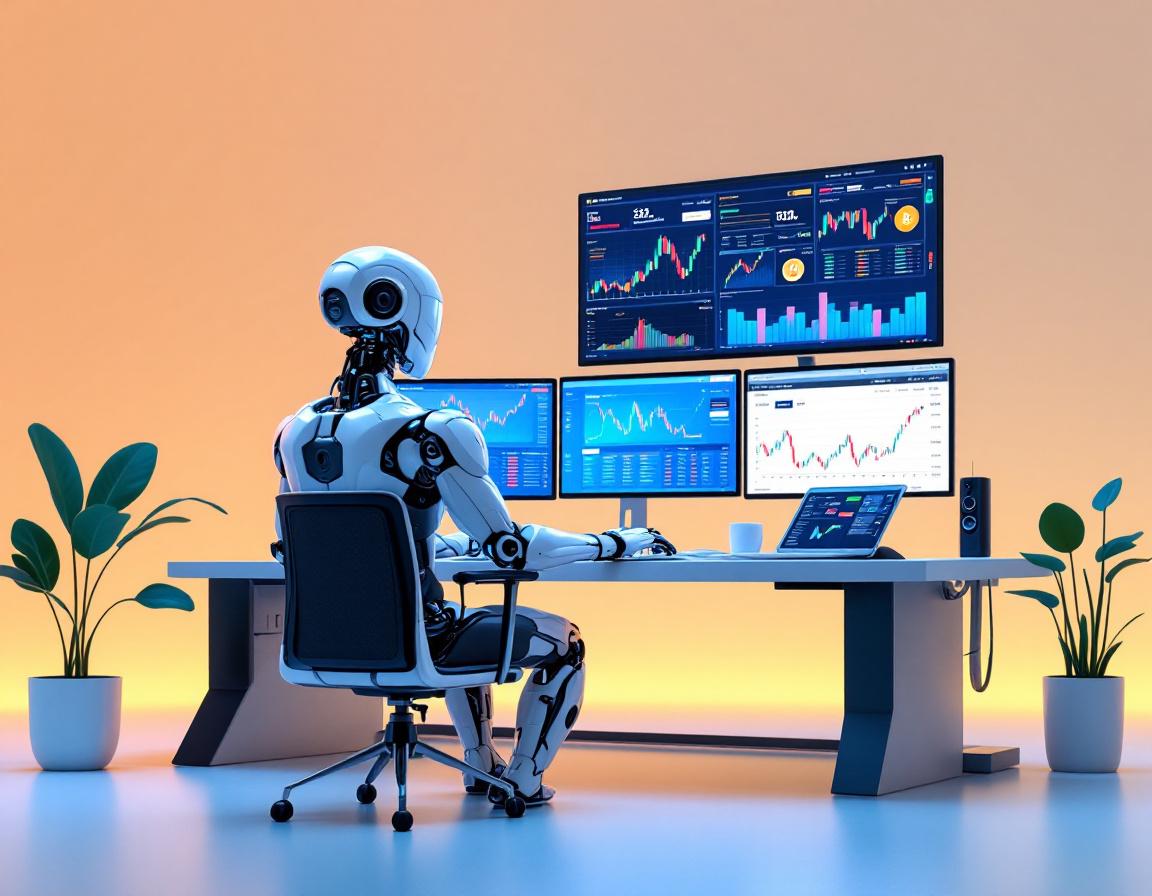 A hyper-realistic AI trading bot analyzes crypto data at a sleek workstation with multiple screens.