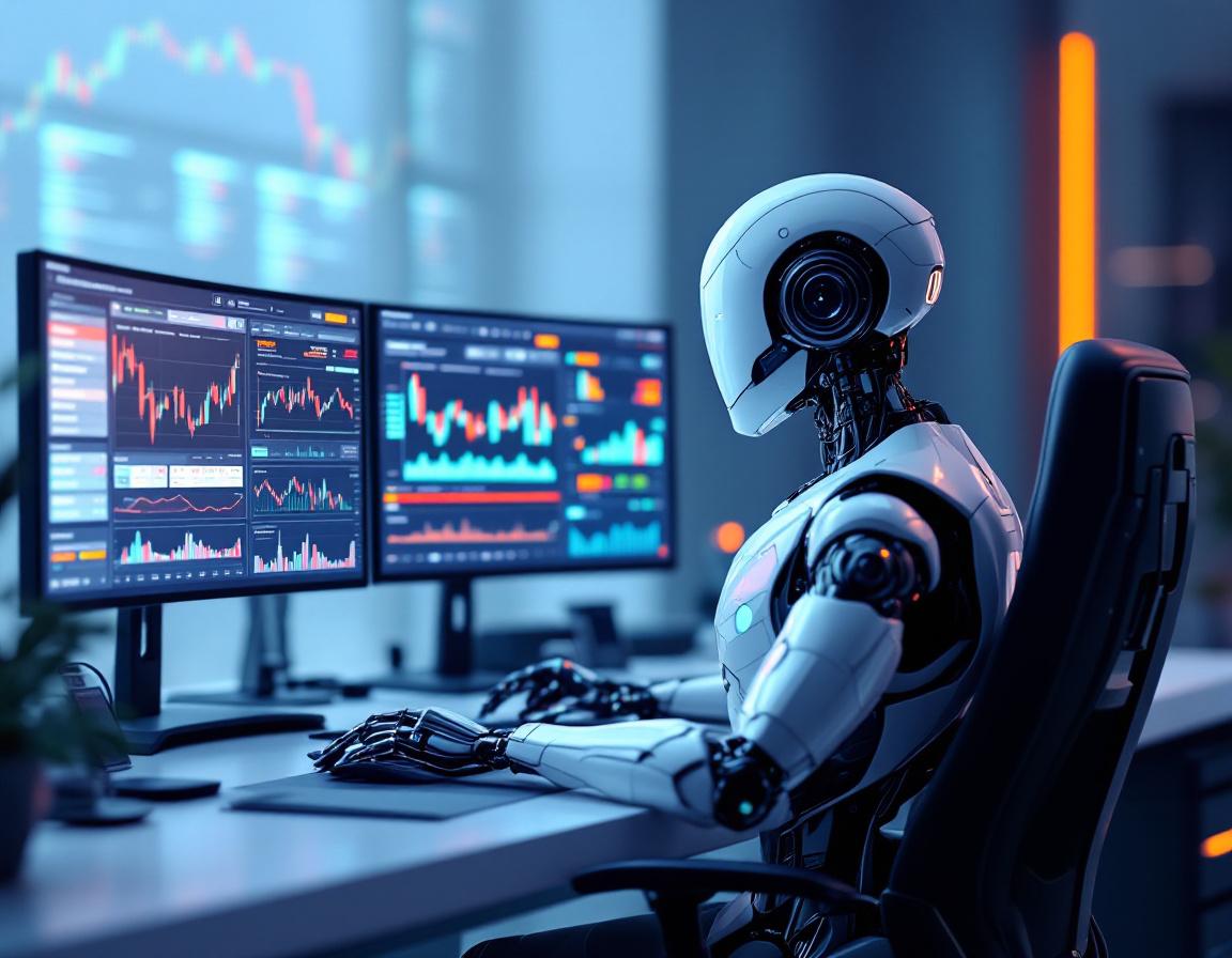 A hyper-realistic AI trading bot analyzes market data on multiple screens in a futuristic setting.