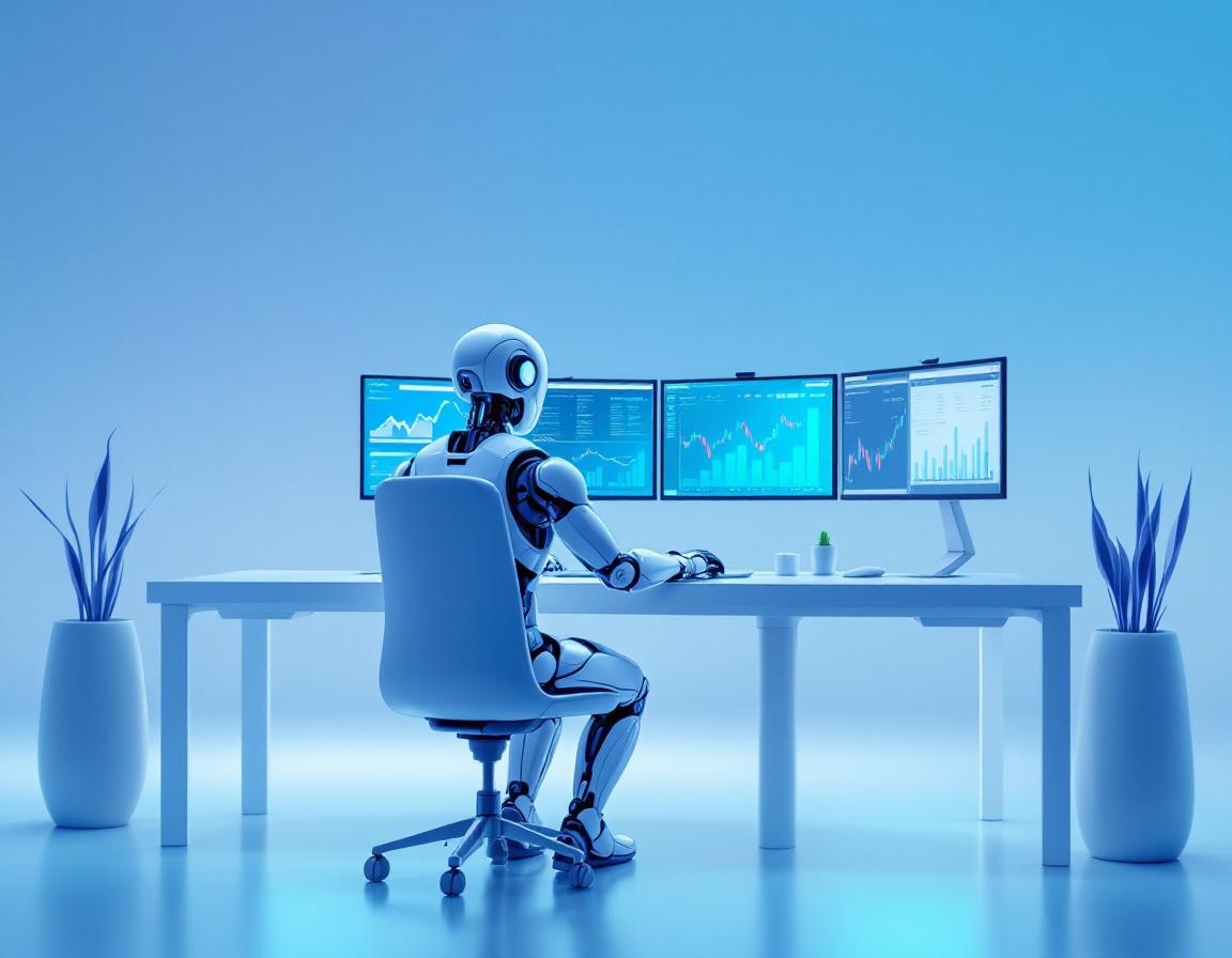 Hyper-realistic AI trading bot in a high-tech workstation analyzing market data on multiple screens.