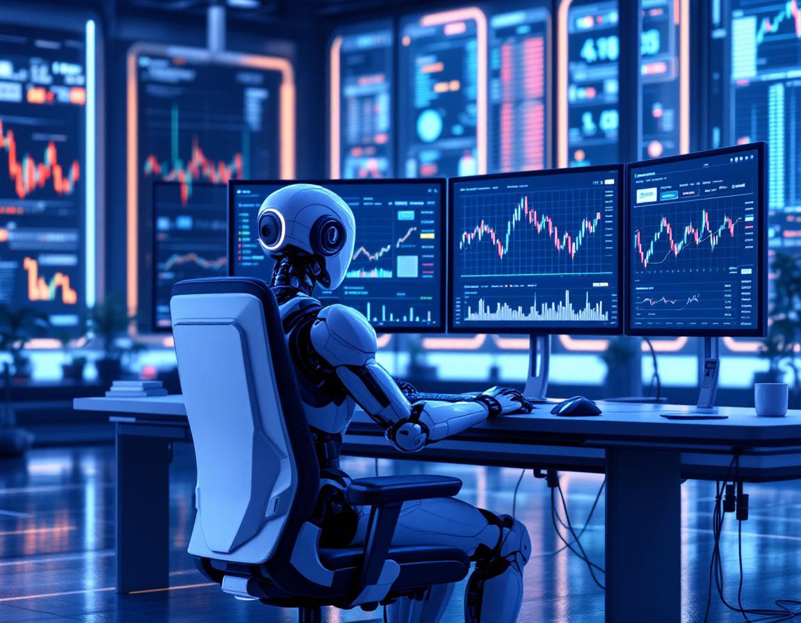A hyper-realistic AI trading bot at a workstation, analyzing market data on multiple displays.