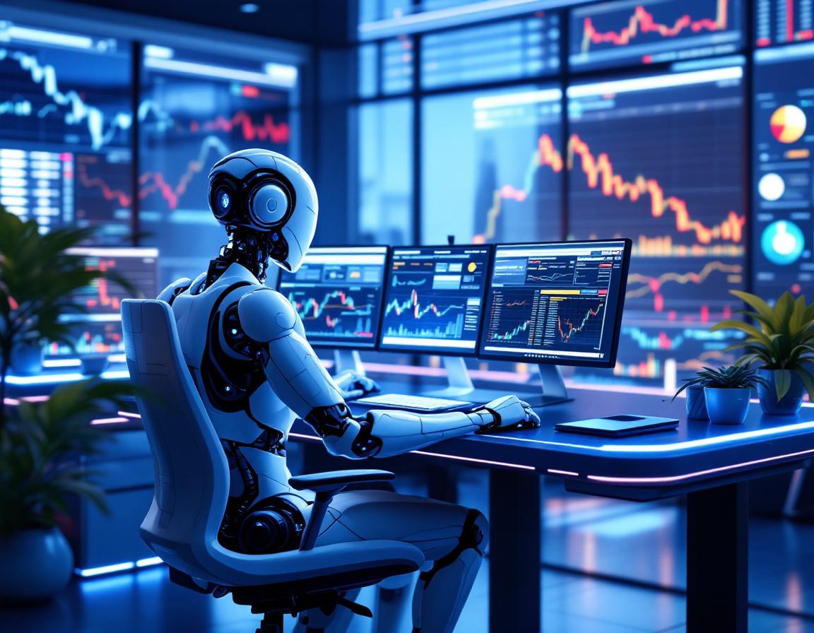 A futuristic AI trading bot analyzing market data at a high-tech workstation with multiple screens.