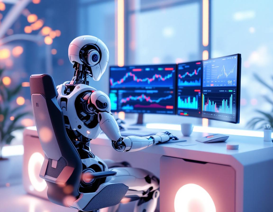 A humanoid AI trading bot analyzes market data at a high-tech workstation with vibrant screens.