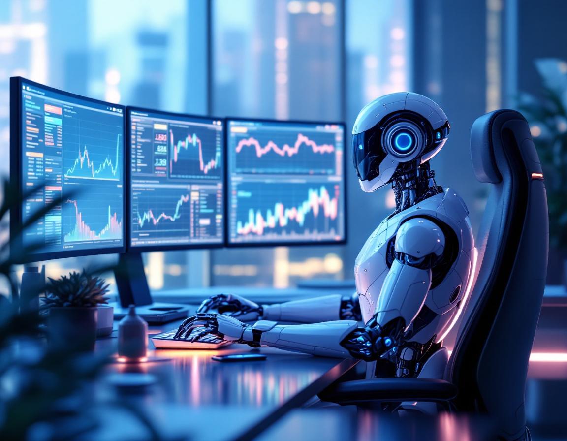 A sleek, humanoid AI trading bot analyzes data on multiple screens in a high-tech financial setup.
