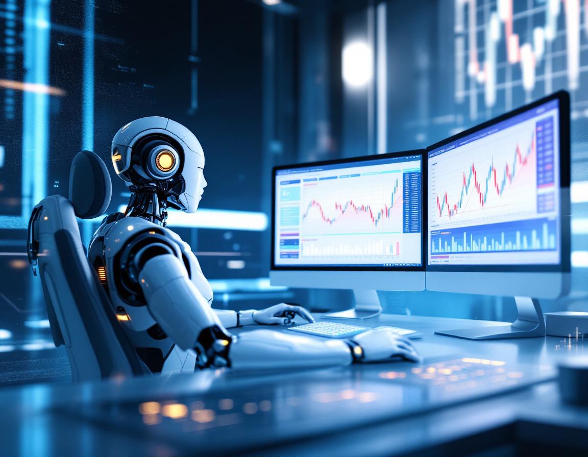 A humanoid AI trading bot sits at a high-tech workstation analyzing market data on multiple screens.