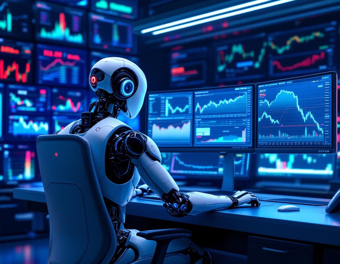 A humanoid AI trading bot at a high-tech workstation analyzing market data with multiple screens.