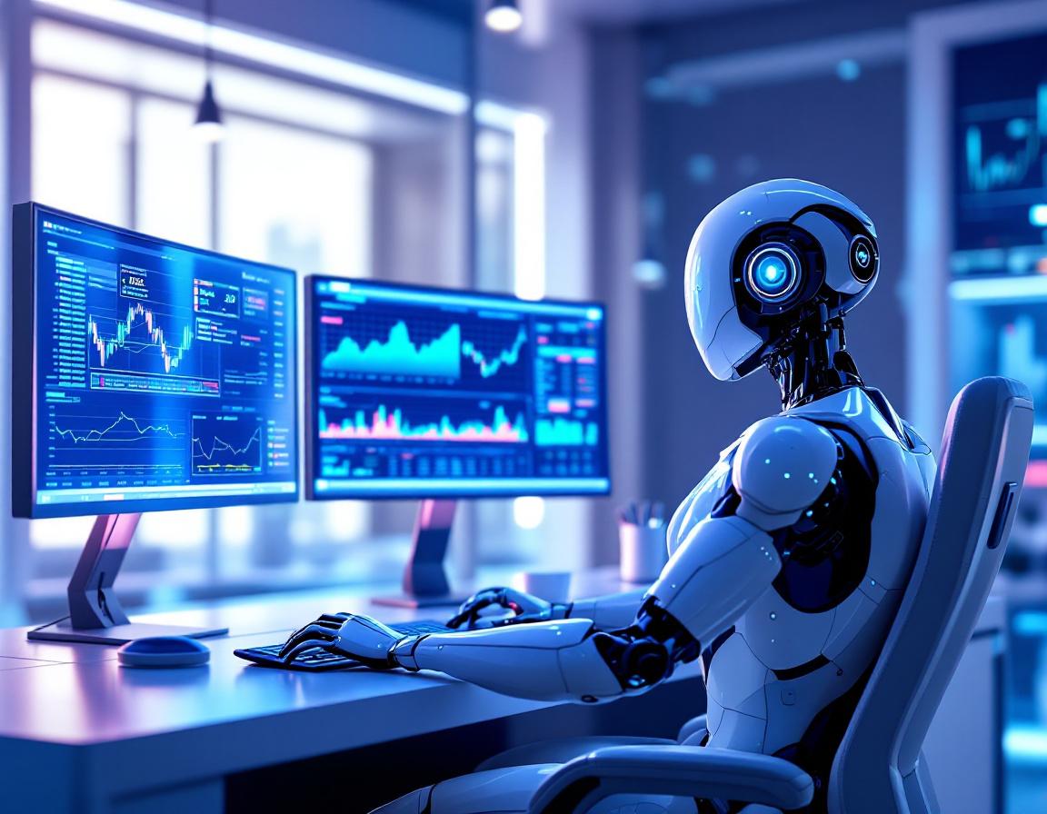 A sleek humanoid AI trading bot at a high-tech workstation analyzing stock and crypto market data.