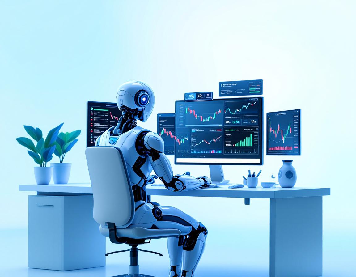 A hyper-realistic AI trading bot at a workstation, analyzing market data in a futuristic setting.
