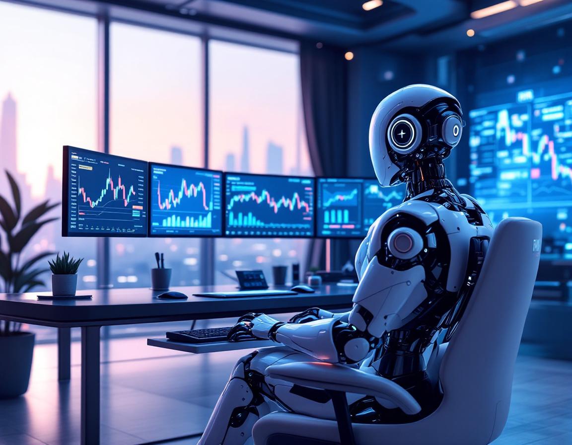 A humanoid AI trading bot analyzes market data at a high-tech workstation with glowing screens.