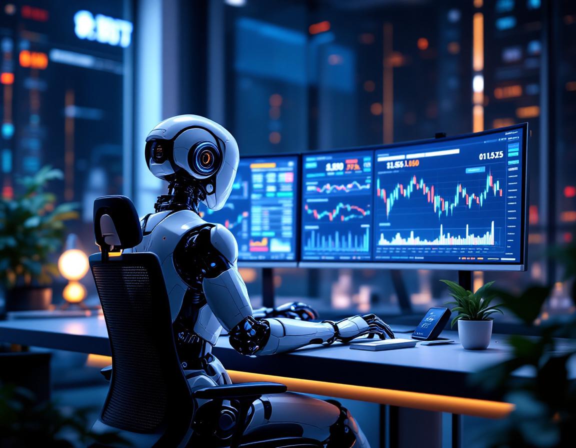 A humanoid AI trading bot at a workstation analyzes market data on multiple high-tech screens.